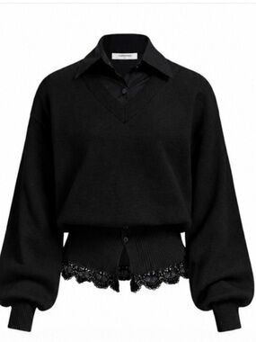 Commense Black Contrast Collar V-Neck Lace-Hem Pullover LARGE NWT